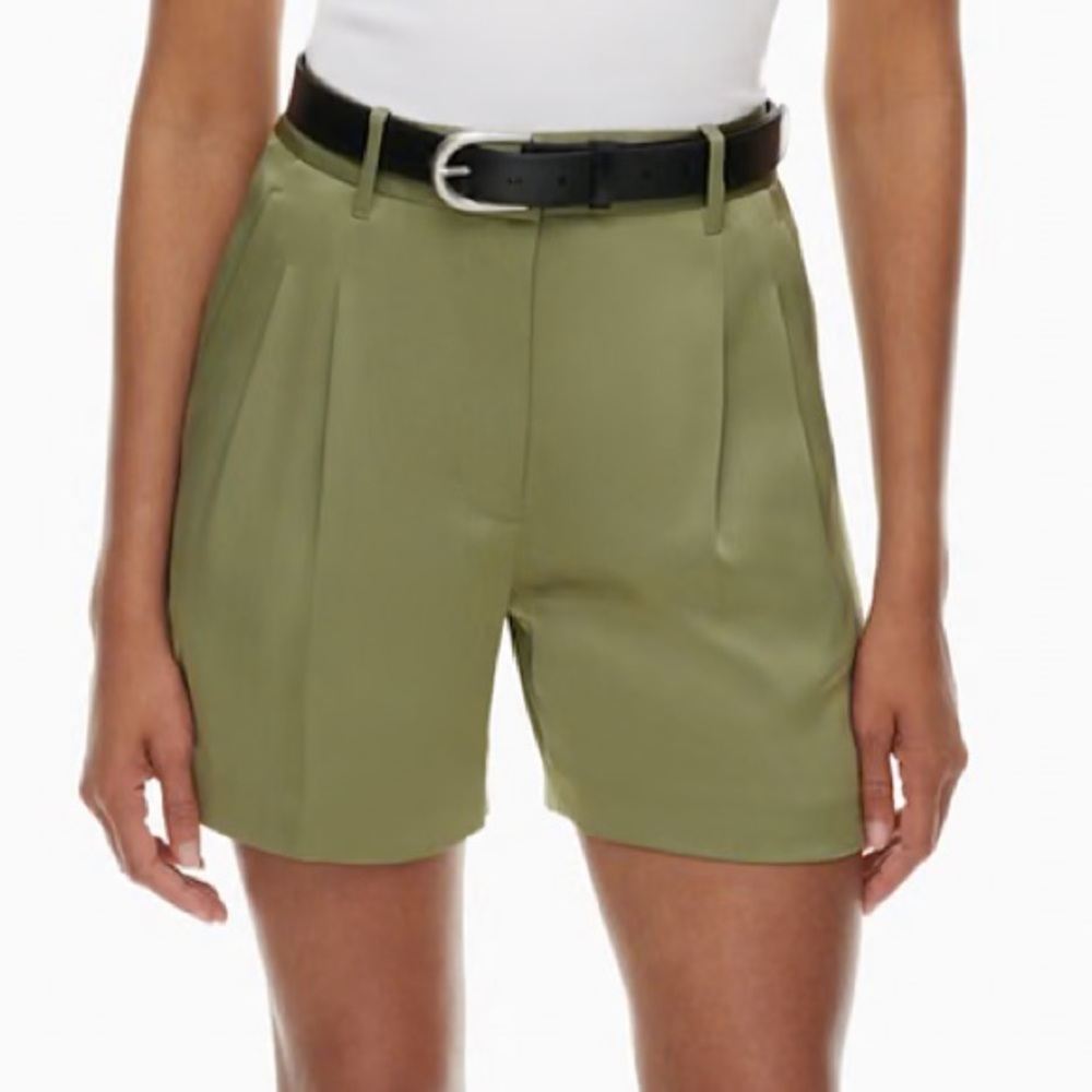 Aritzia Olive Green High-Waist Pleated Shorts